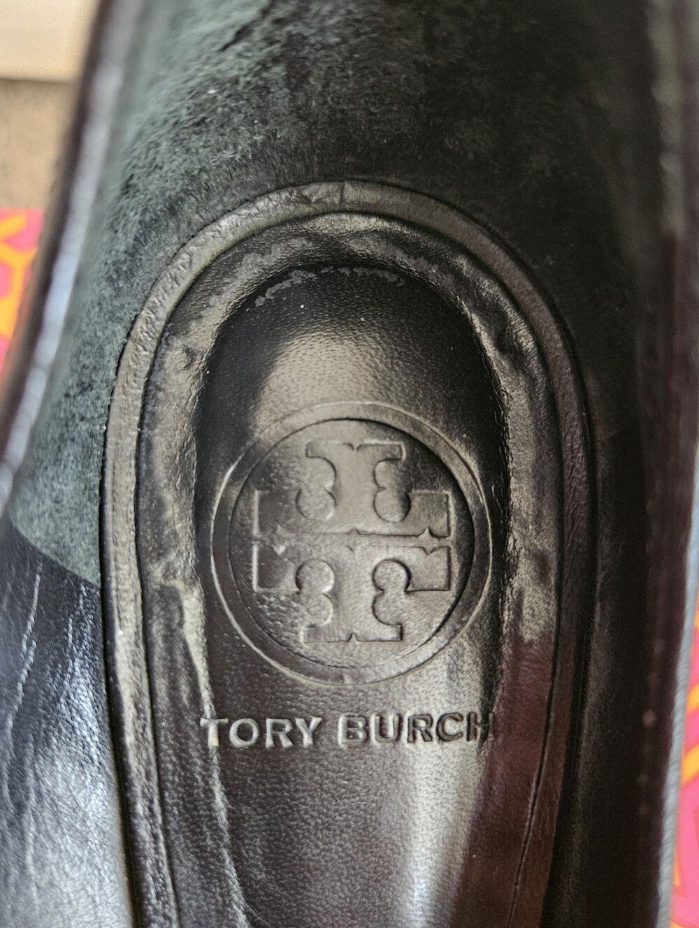 Tory Burch Black Leather Peep-Toe Wedges with Silver Logo Accent - Picture 9 of 11